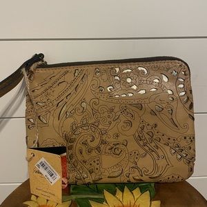 Patricia Nash Light brown and gold wristlet